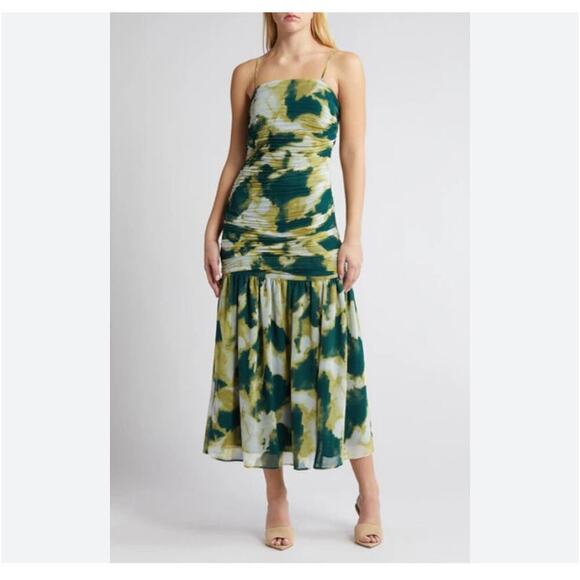 Chelsea28 Abstract Print Ruched Strapless Dress in Green Mineral Size Large - Picture 6 of 6